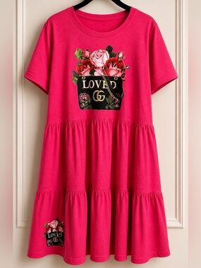 Pink Floral 'Loved' Graphic Tiered Pocket Dress